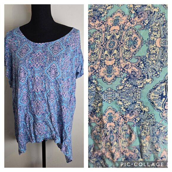 Marina Luna Blouse Plus Size 2X Blue Pink Damask Print Hi Low Hem Top SOLD ON EB - Picture 1 of 10
